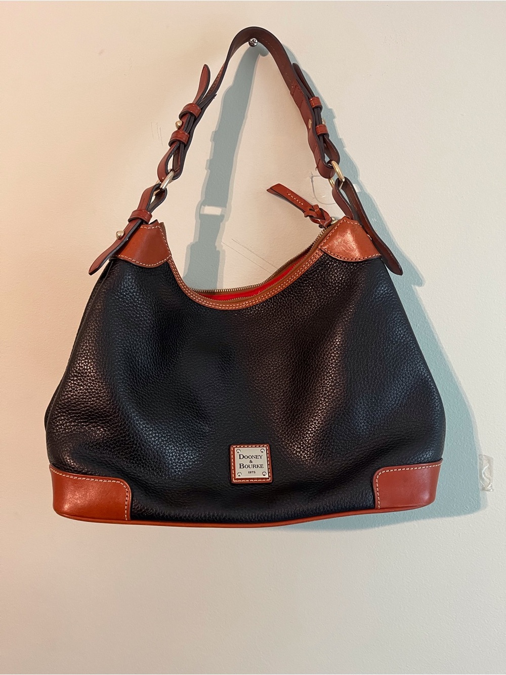 Dooney & Bourke Black Pebble Leather Hobo with Brown Trim and Strap